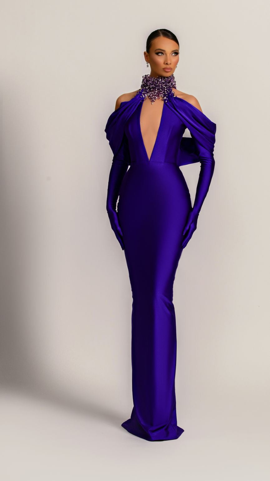Dahlia Elegant Long Sleeves Blue Evening Dress L / Blue