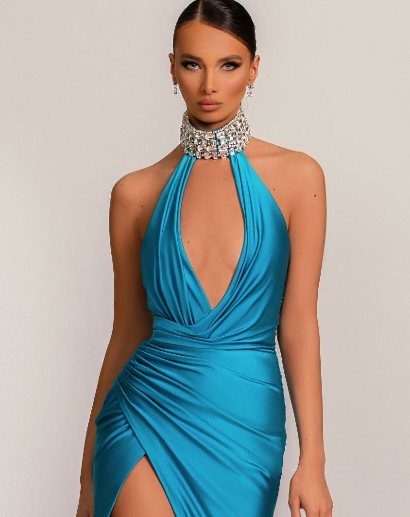 Danna Deep V-Neck Blue Evening Dress