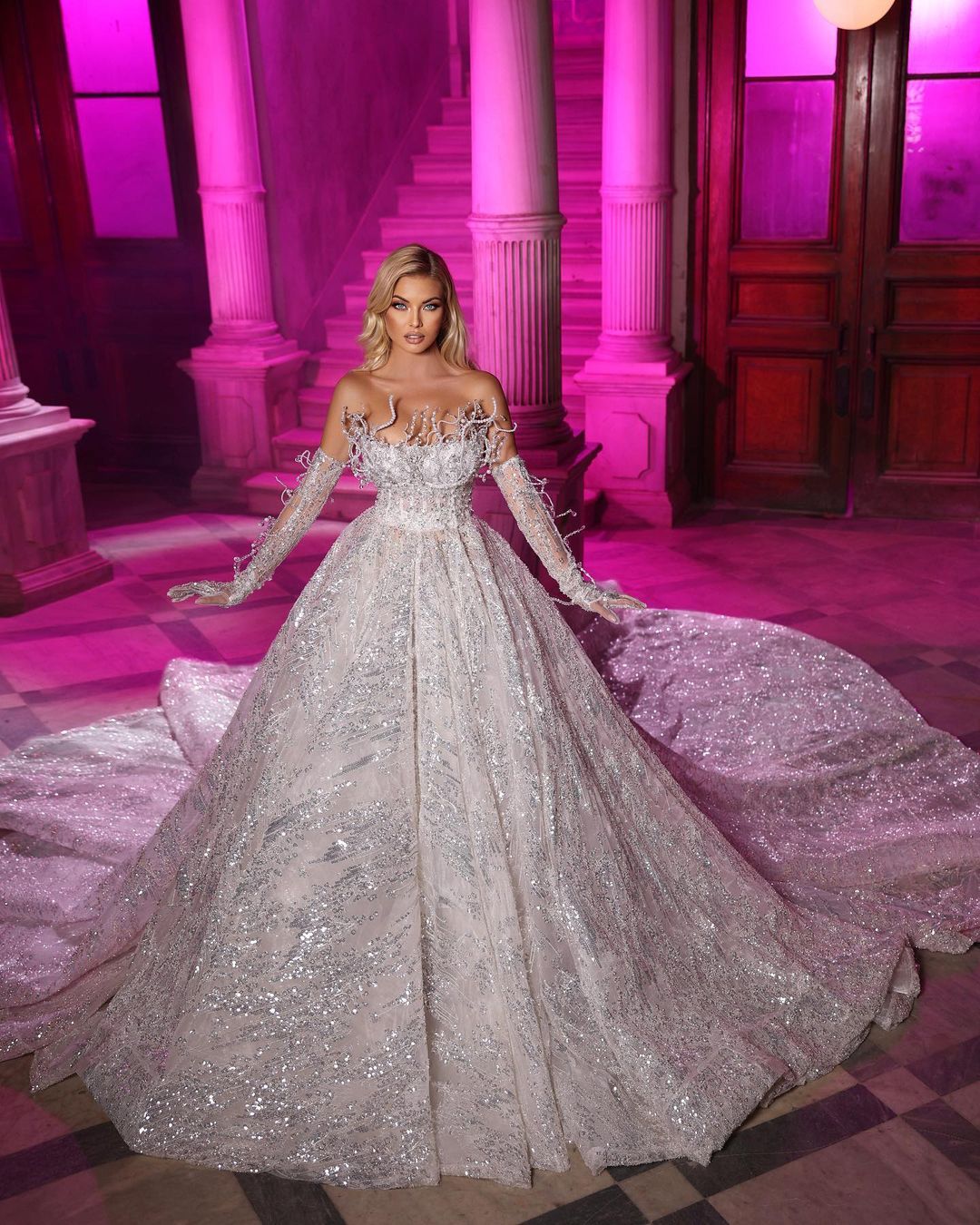 Bell Sleeve Shimmer Wedding Dress