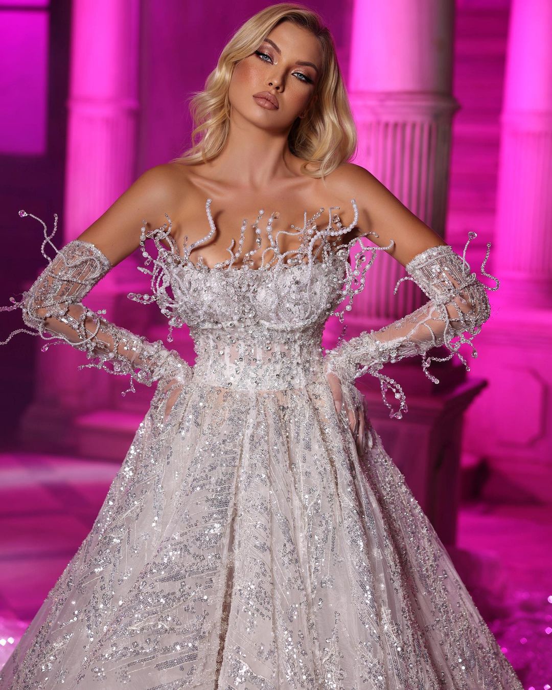 Bell Sleeve Shimmer Wedding Dress