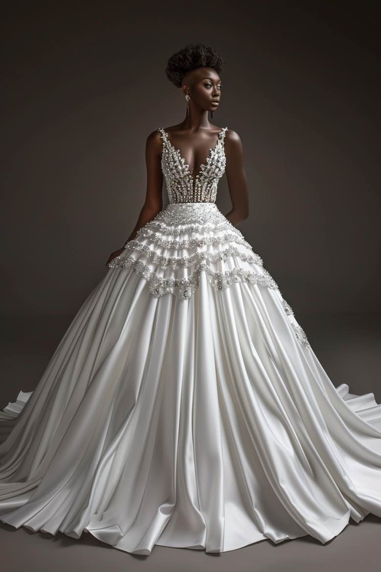 Harper Champagne Princess V Neck White Ball Gown Wedding Dress