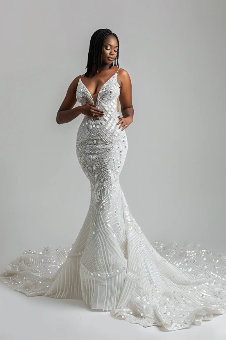 Maeva  Elegant Sequin WhiteMermaid Gown  Wedding Dress