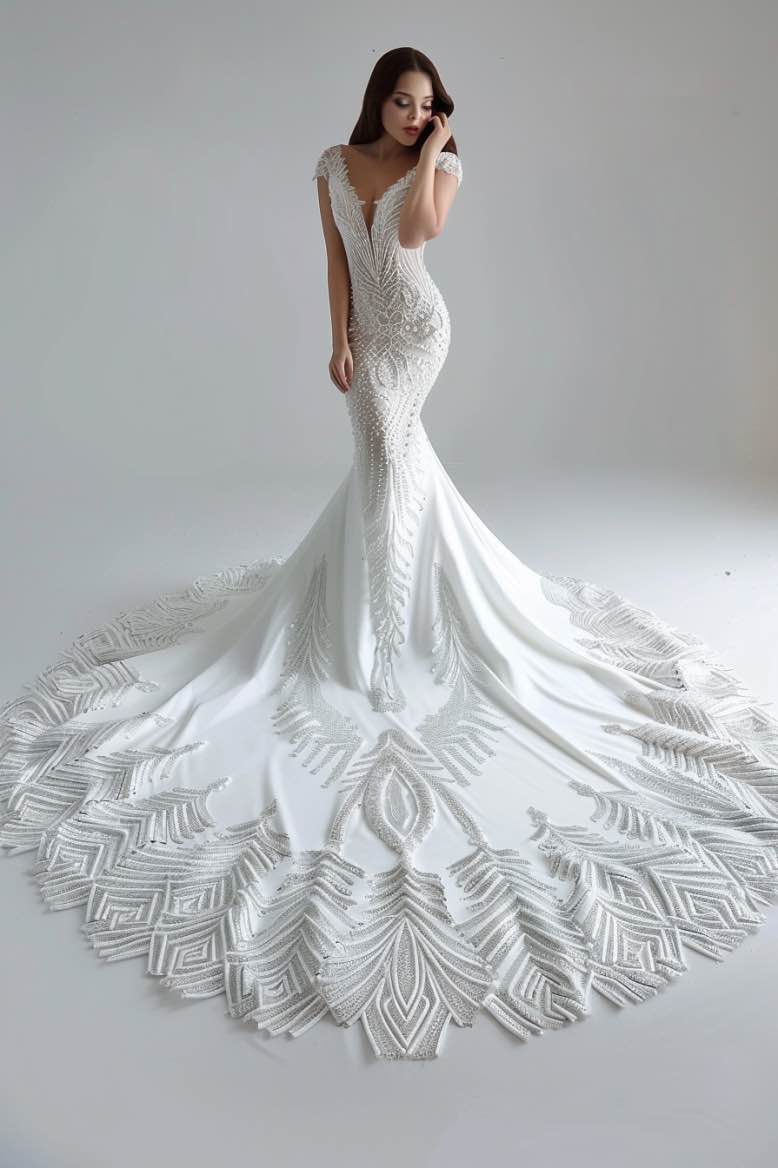 Winter  Champagne Princess white Mermaid Gown Wedding Dress