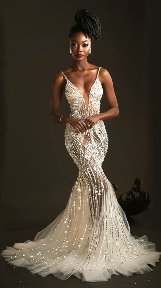 Elise  Sexy Exquisite v Neck  White  Mermaid Gown  Wedding Dress