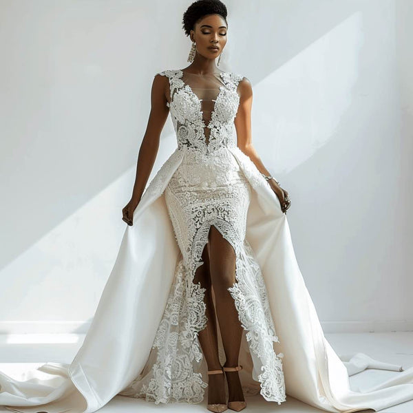 mermaid high low wedding dress High-low lace mermaid gown with a bustier bodice