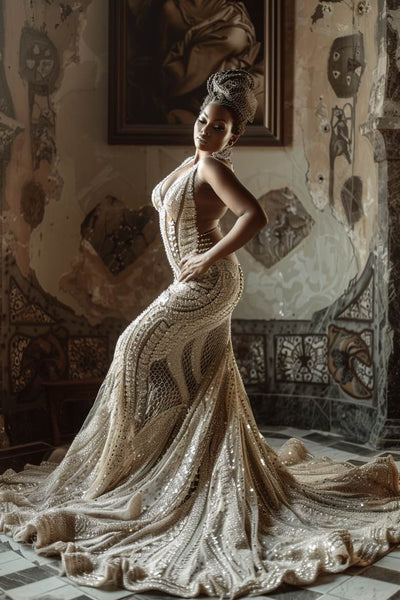 Mariam Champagne Princess V Neck and Backless Mermaid Gown Wedding Dr – D&D Clothing