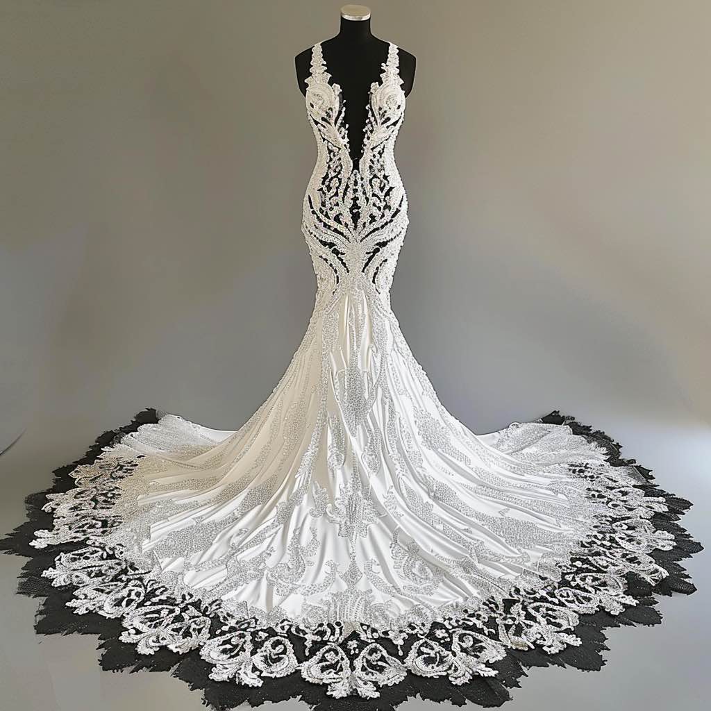 Felicity Luxury V Neck  White Mermaid Gown  Wedding Dress