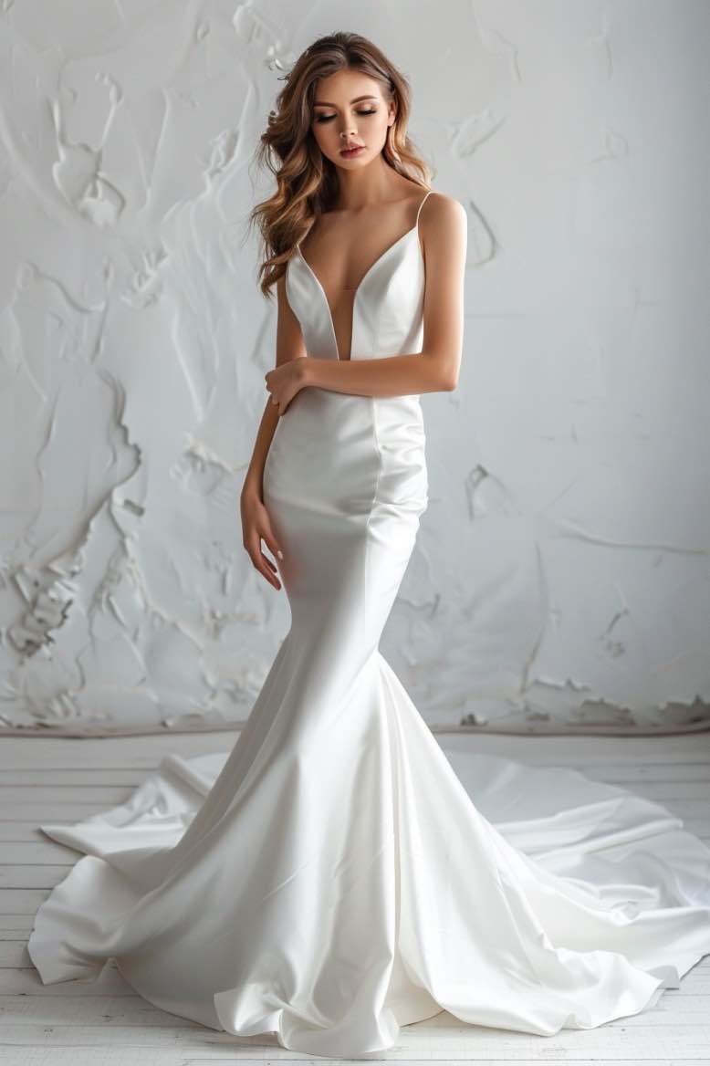 Sarah  Champagne Princess   V Neck  White Mermaid Gown  Wedding Dress