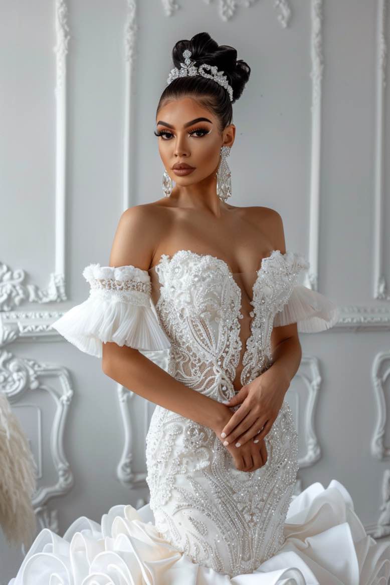 Lydia  Exquisite Off Shoulder  White Mermaid Gown  Wedding Dress