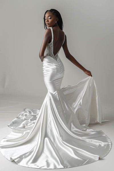 white backless mermaid dress Simple White Mermaid Backless Boho Wedding Dress, Diamond White / 18