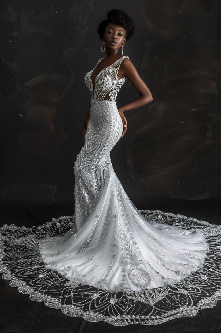 Darcy  Champagne Princess   V Neck  White Mermaid Gown  Wedding Dress