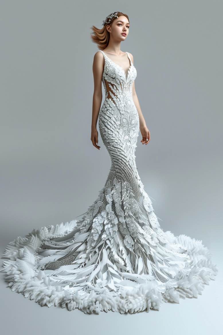 Naomi  Gorgeous   V Neck  White Mermaid Gown  Wedding Dress