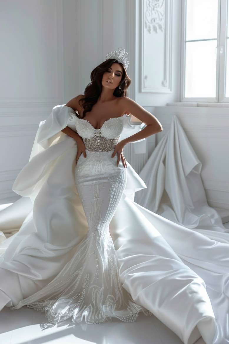 Esther  Champagne Princess   Off Shoulder  White Mermaid Gown  Wedding Dress