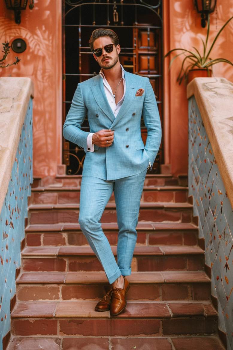 Charlie High Quality Light Blue Men Suits Slim Fit  Blazer Linen Suit