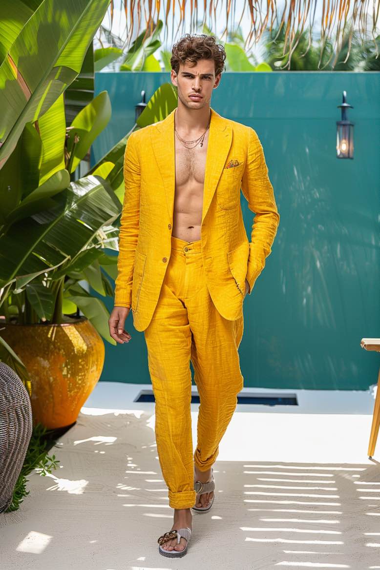 Arlo Beautiful  Yellow Men Suits Slim Fit  Blazer Linen Suit