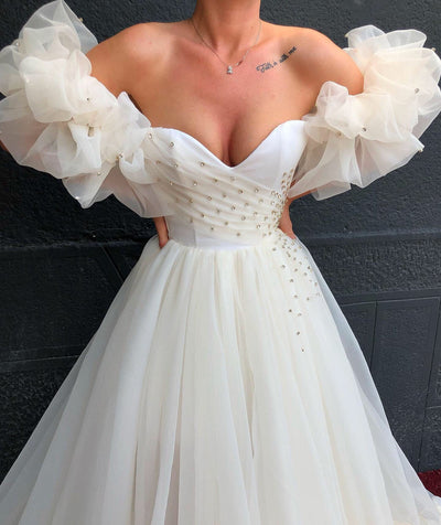 Off Shoulder Beaded Satin Wedding Dress