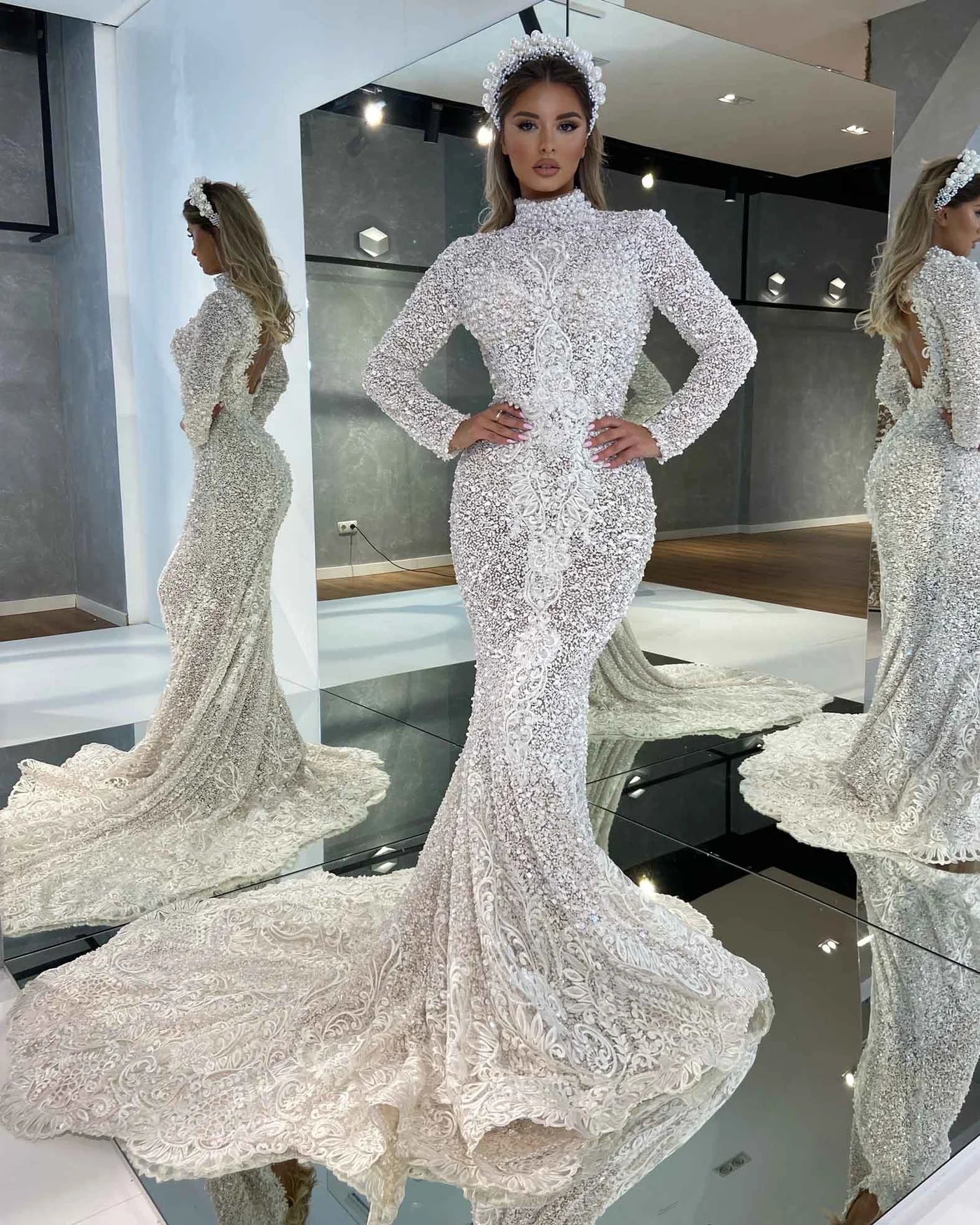 Nylah High-Neck Beads Lace Wedding Dress