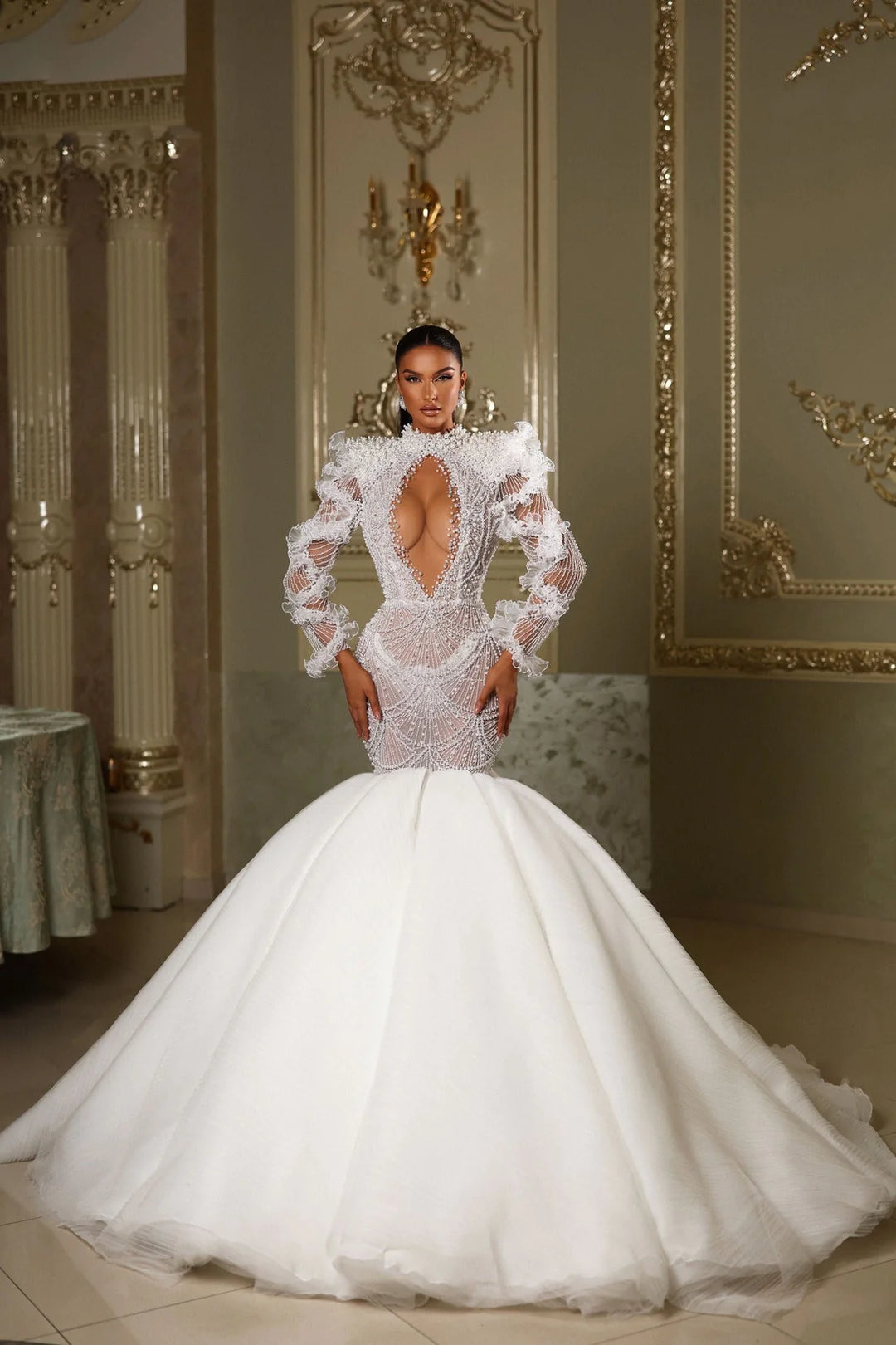 High Neck Long Sleeves Wedding Dresses XXXL / White High Neck Long Sleeves Wedding Dresses XXXL / White