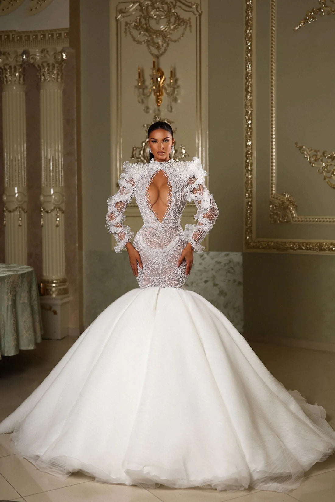 High Neck Long Sleeves Wedding Dresses XXXL / White