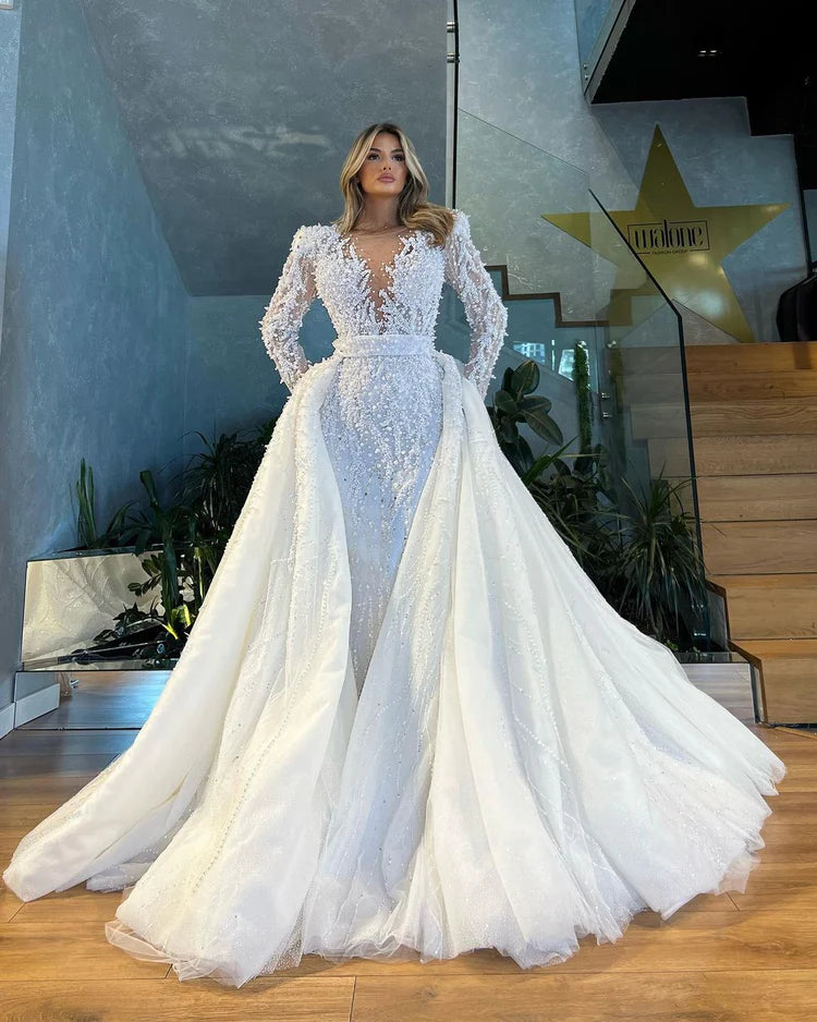 Ada Train Sheer Neck Long Sleeves Crystal 3D Lace  Wedding Dress