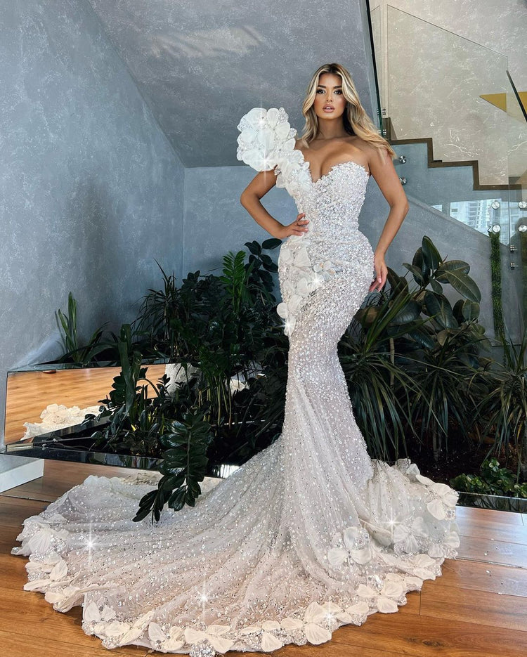 Braelynn One Shoulder Crystal Long   Wedding Dress
