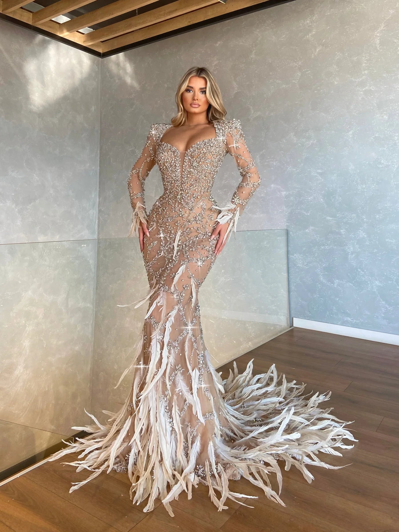 Genevieve V Neck Long Sleeve Glitter Sequin Beaded Hollow Lace Feather Wedding Dress S / White Genevieve V Neck Long Sleeve Glitter Sequin Beaded Hollow Lace Feather Wedding Dress S / White