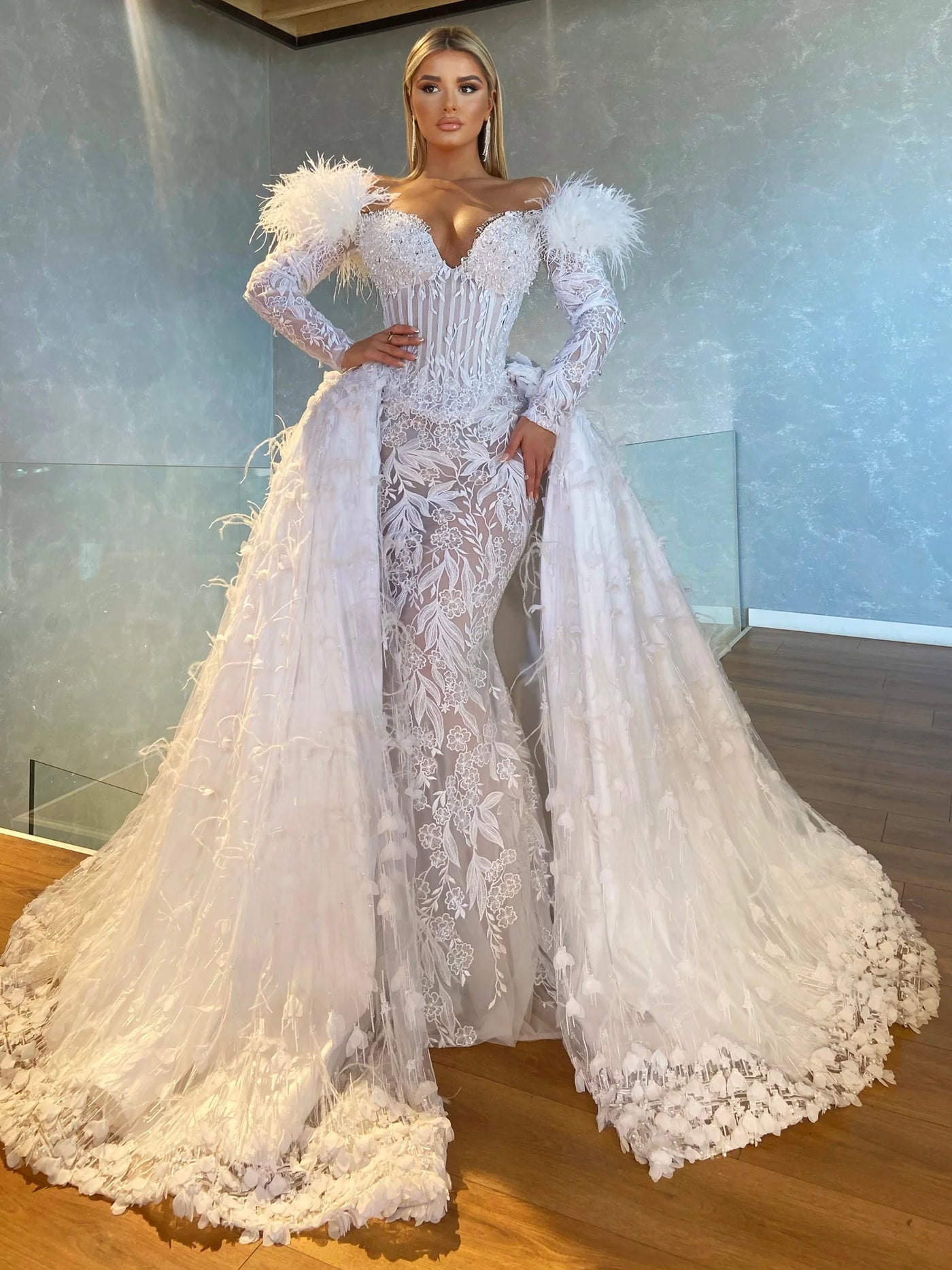 Giana Long Tulle Sleeves Ruffle Tulle Tail Cloak Length  Wedding Dress