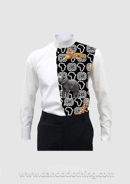 African White Shirt Black Animals Half Design-African Men Shirts,African Wear for Men,White