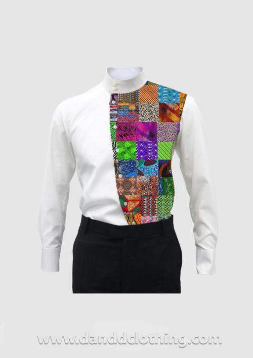 African White Shirt Patches Half Design-African Men Shirts,African Wear for Men,White