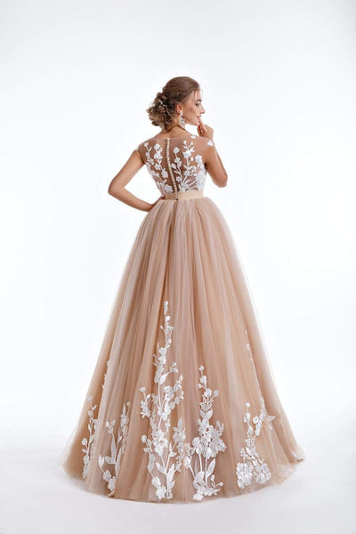 Beige A-Line Wedding Dress with Flowers-A-line,Classic Elegant Gowns,Gold,Royal Wedding Dresses
