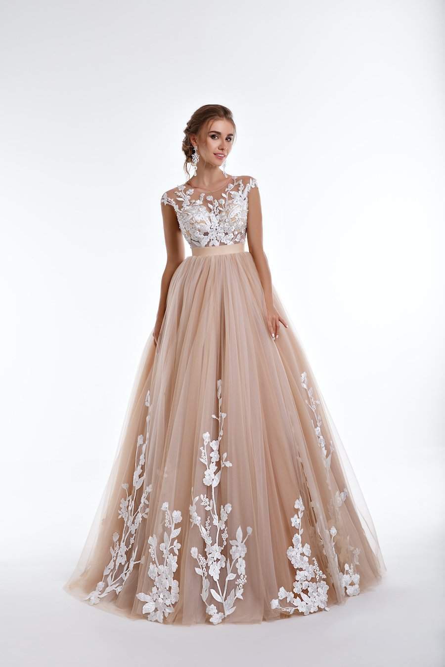 Beige A-Line Wedding Dress with Flowers – D&D Clothing