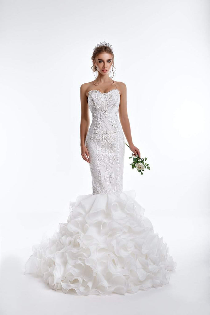 fitted lace wedding dress Wedding Mermaid Spaghetti Strap 3D Lace Tulle Lace Gown TW120 by Tina Holly Off White / 28