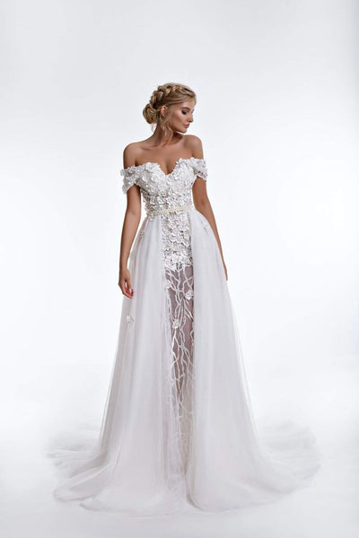 Elina Off-White Wedding Gown Flowers-Classic Elegant Gowns,Detachable,Royal Wedding Dresses,White