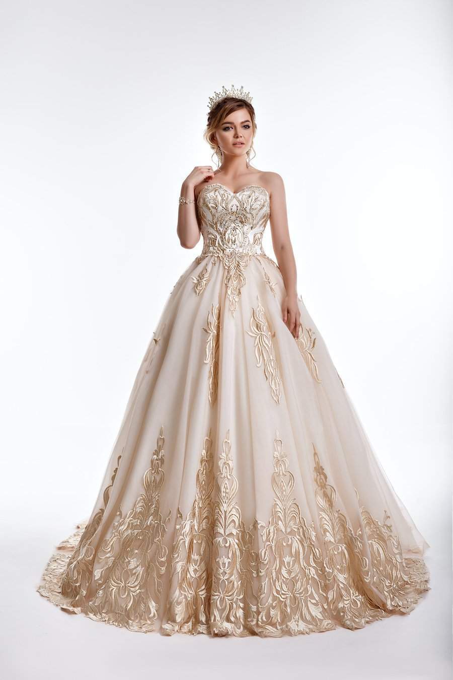 Beige A-Line Wedding Dress-A-line,Ball Gown,Classic Elegant Gowns,Gold,Royal Wedding Dresses