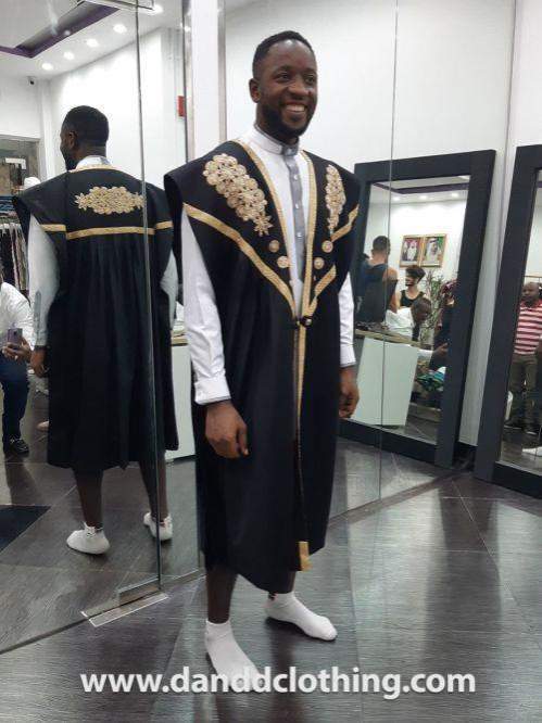 Black Agbada with Intricate Gold Embroidery-African Wear for Men,Black,Traditionals