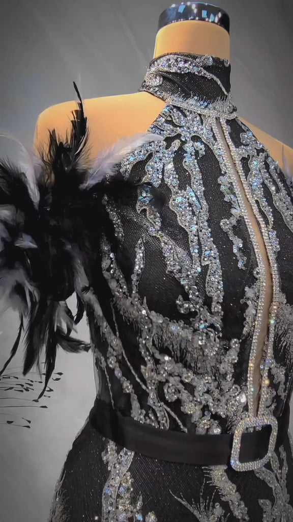 swarovski black dress Black Swarovski-Embellished Illusion Gown – D&D Clothing