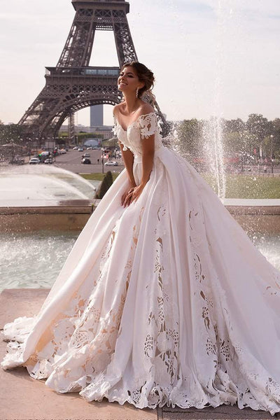 Princess Ball Gown Wedding Dresses Flower Applique Cathedral Train Bridal  Dress – SheerGirl