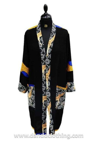 Black Kimono with D&D Print Trim-African Wear for Men,AFRICAN WEAR FOR WOMEN,Black,Kimono