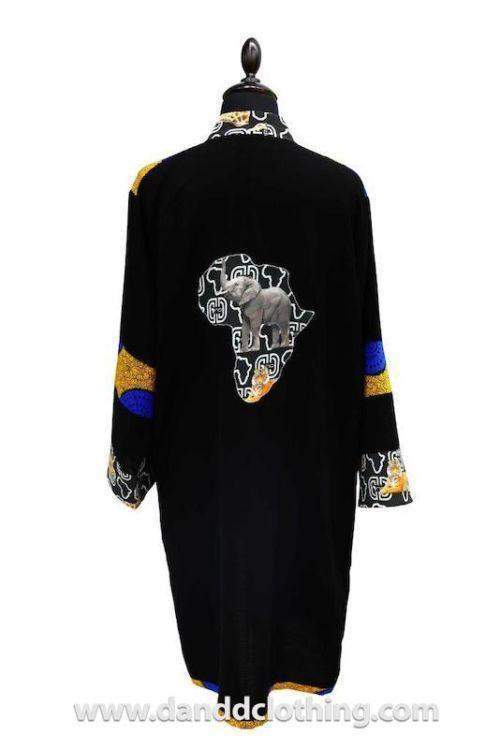 Black Kimono with D&D Print Trim-African Wear for Men,AFRICAN WEAR FOR WOMEN,Black,Kimono