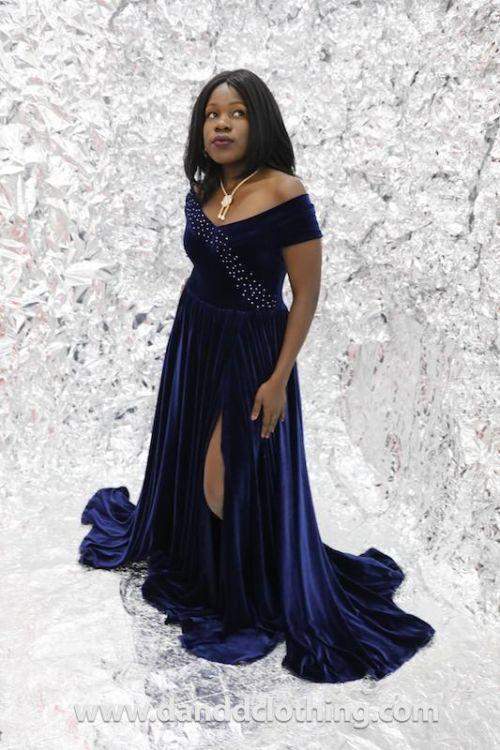 Evening Dress Blue Long Velvet-Blue,Classic Elegant Gowns,Evening Dresses,Long