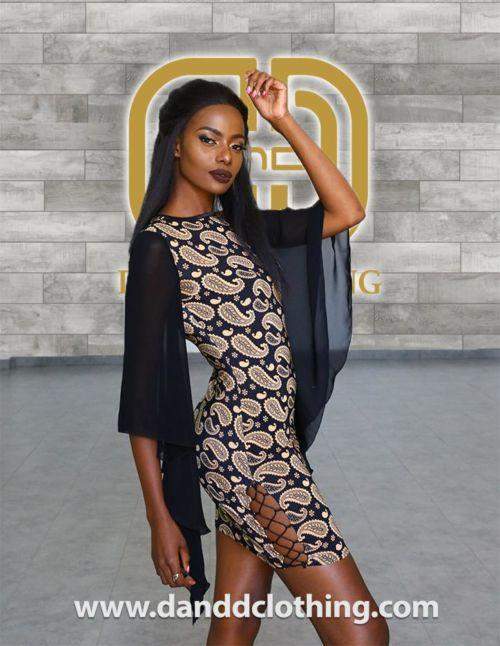 Black and Gold Paisley Print Bodycon Dress-AFRICAN WEAR FOR WOMEN,Black,Dresses