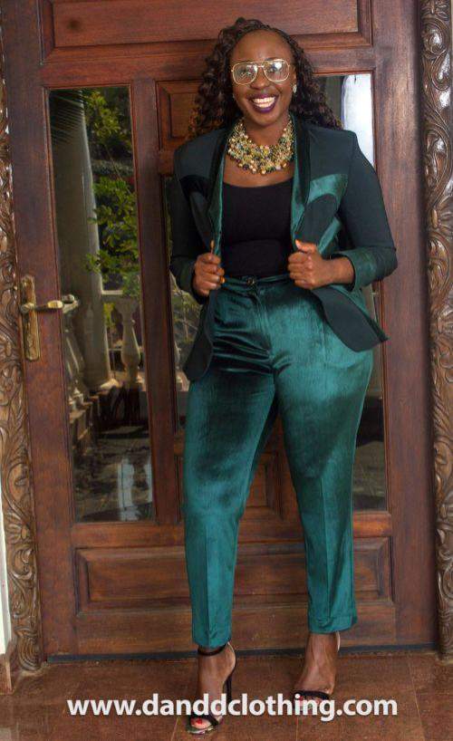 Business Green Velvet Suits-AFRICAN WEAR FOR WOMEN,Green,Ladies Suits