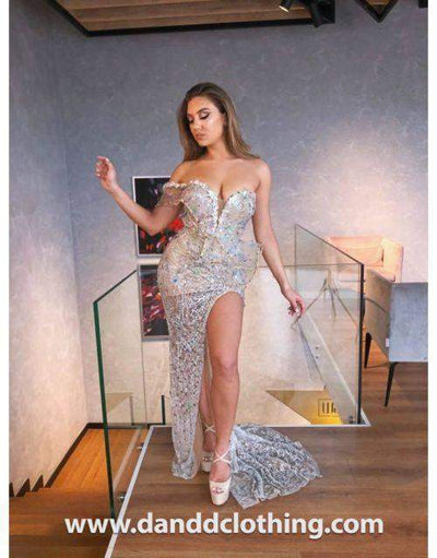 Luxury Evening Dress Silver Side Slit-Classic Elegant Gowns,Evening Dresses,Long,Silver