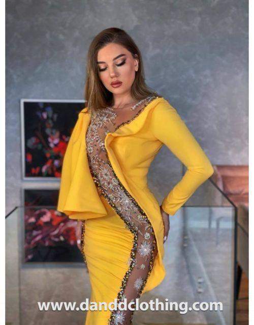 Luxury Evening Dress Yellow and Golden Strip XS / Yellow / Satin