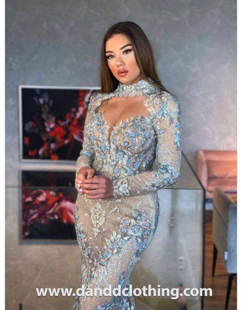 Luxury Light Blue Evening Dress With Sheer XXL / Silver / Lace