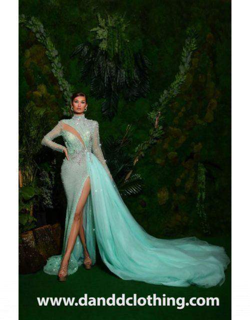Luxury Evening Dress Light Blue Beaded-Classic Elegant Gowns,Evening Dresses,Green,Long