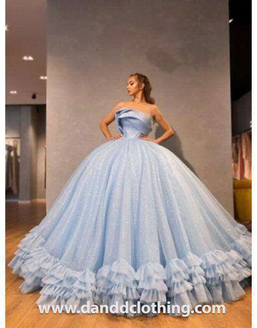 Luxury Evening Dress Light Blue Frills-Blue,Classic Elegant Gowns,Evening Dresses,Long