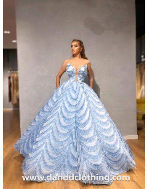 Luxury Evening Dress Light Blue Pattern-Blue,Classic Elegant Gowns,Evening Dresses,Long