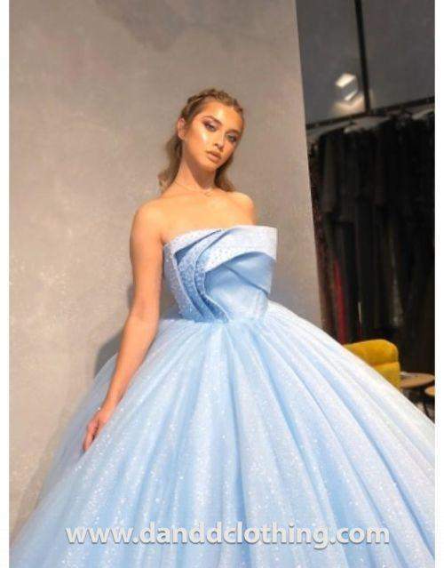Luxury Evening Dress Light Blue Frills-Blue,Classic Elegant Gowns,Evening Dresses,Long
