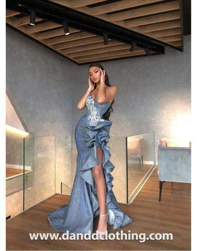 Luxury Evening Dress Metallic Blue Ruffles-Blue,Classic Elegant Gowns,Evening Dresses,Long